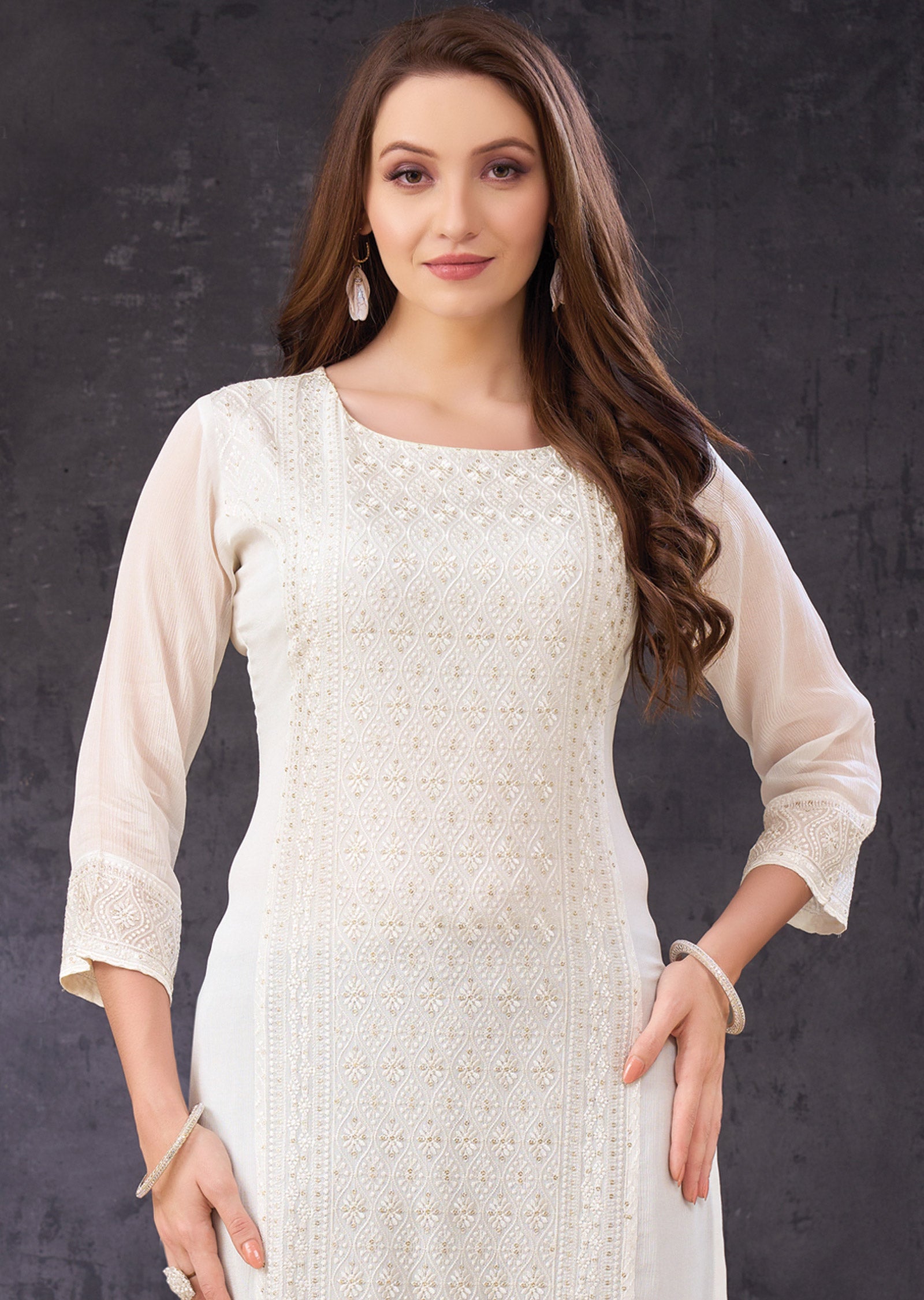 Off-White Chinnon Straight Cut Kurti with Lucknowi Work