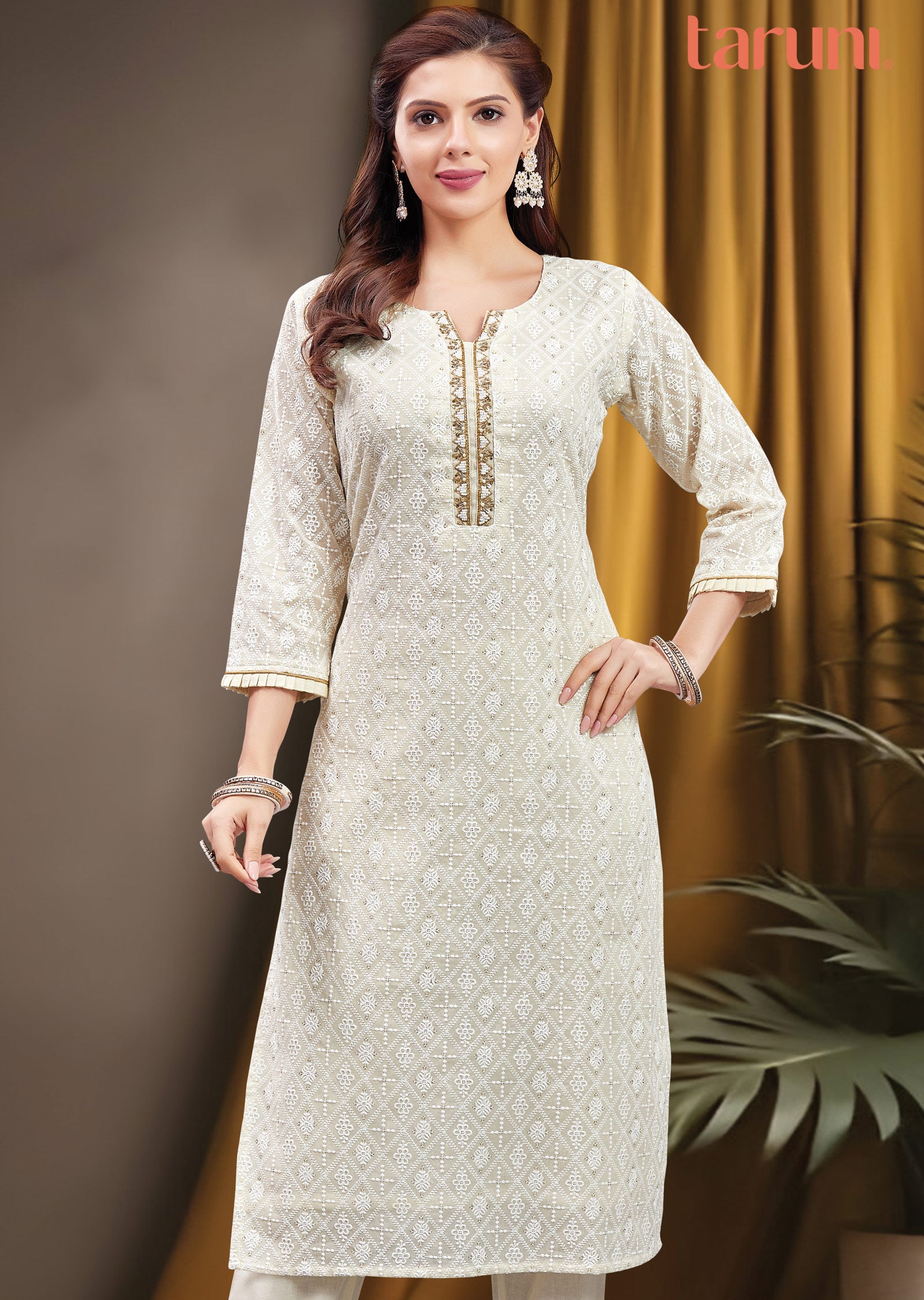 Cream Lucknowi Cotton Straight Cut Kurti with Pearls & Zardosi