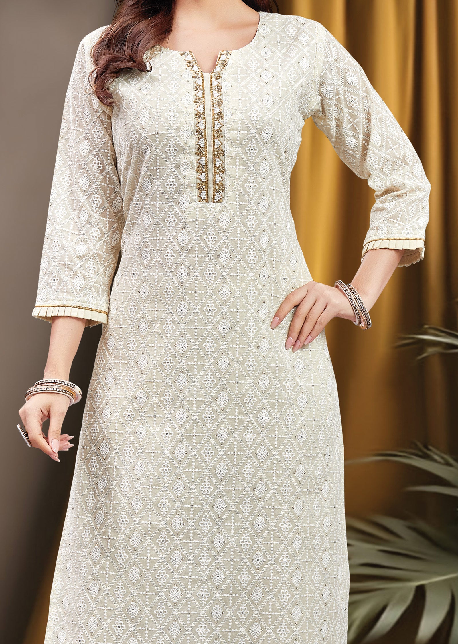 Cream Lucknowi Cotton Straight Cut Kurti with Pearls & Zardosi