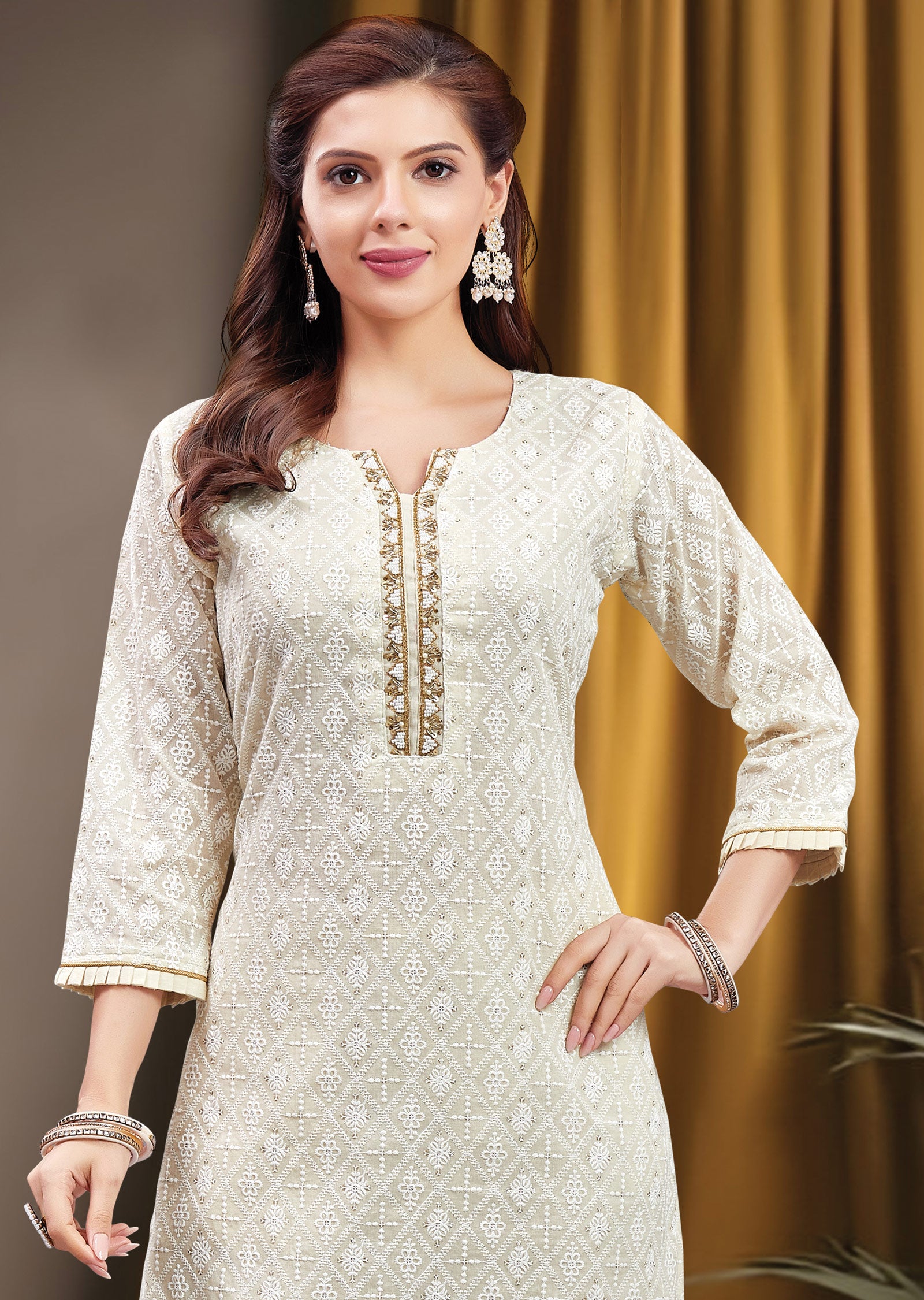 Cream Lucknowi Cotton Straight Cut Kurti with Pearls & Zardosi