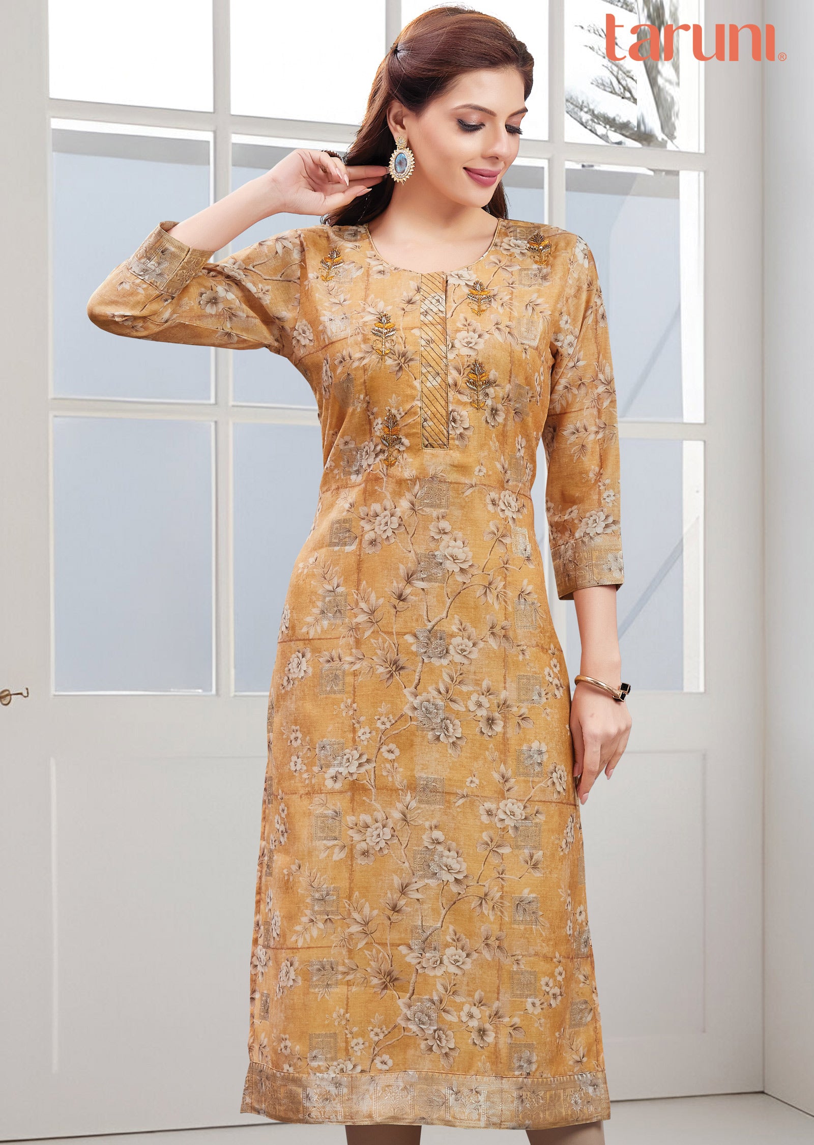 Light Mustard Printed Banaras Chanderi Straight Cut Kurti