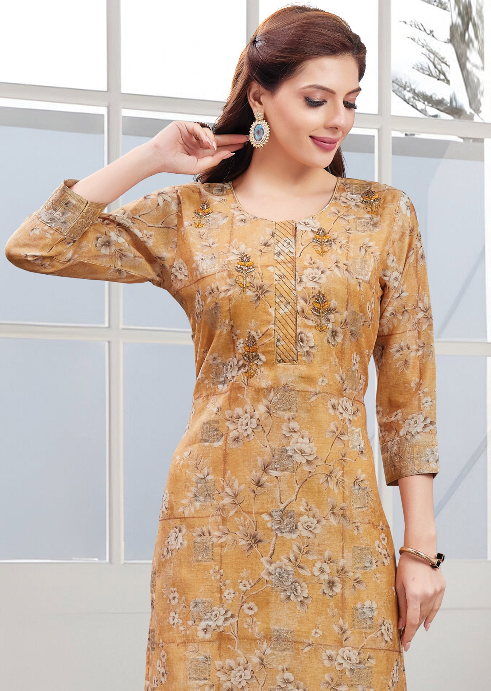 Light Mustard Printed Banaras Chanderi Straight Cut Kurti