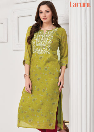 Lime Green Soft Silk Kurti Straight Cut