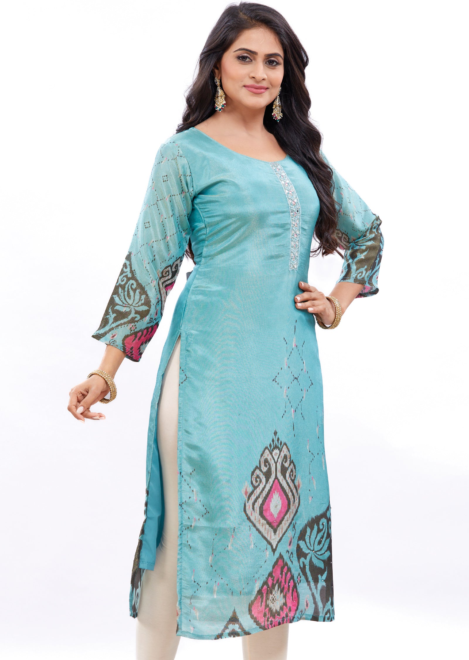 Dark Sea Green Tissue Silk Kurti Straight Cut