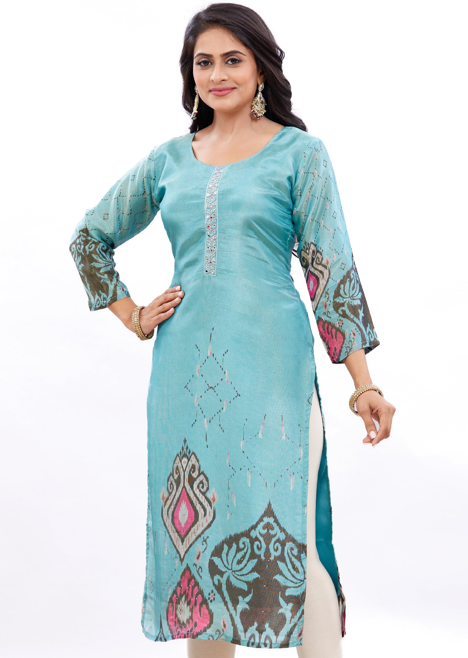 Dark Sea Green Tissue Silk Kurti Straight Cut