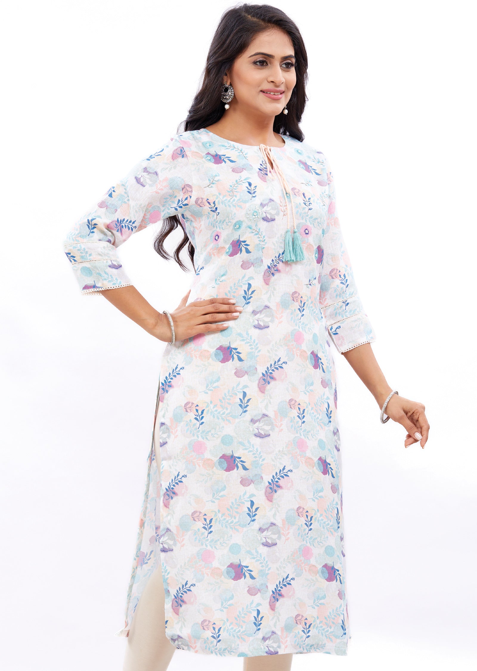 Off White & Multi Linen Kurti Straight Cut