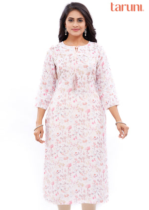 Peach Printed Linen Straight Cut Kurti with Zardosi Work