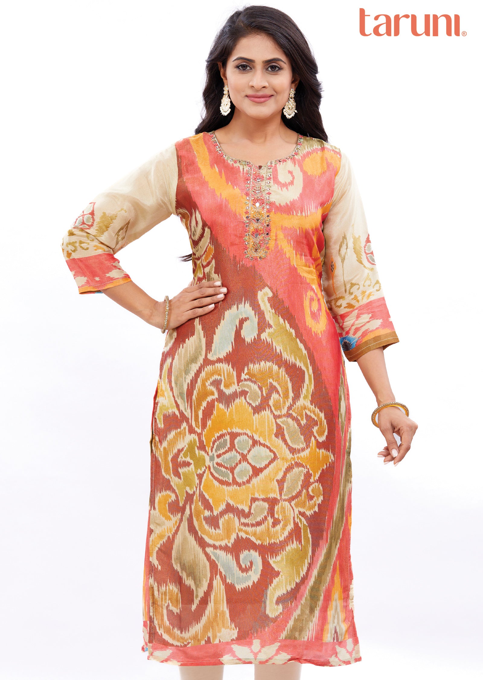 Multi Color Tissue Silk Kurti Straight Cut