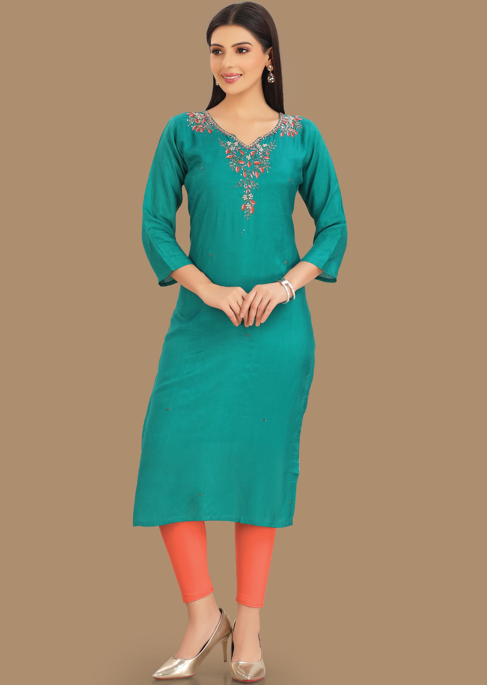 Rama Green Muslin Kurti Staright Cut