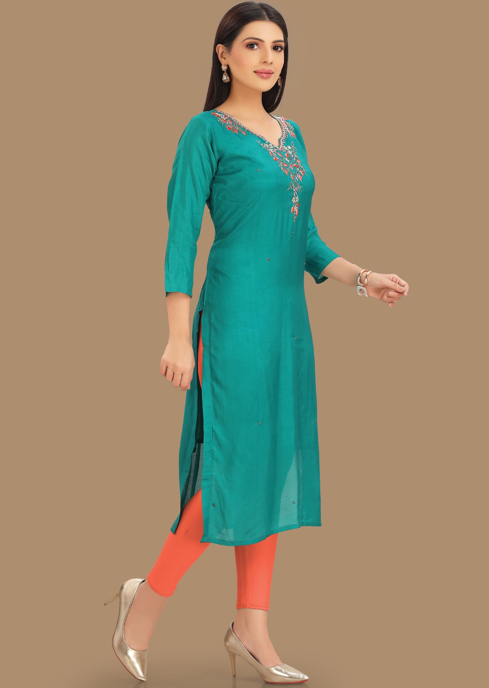 Rama Green Muslin Kurti Staright Cut