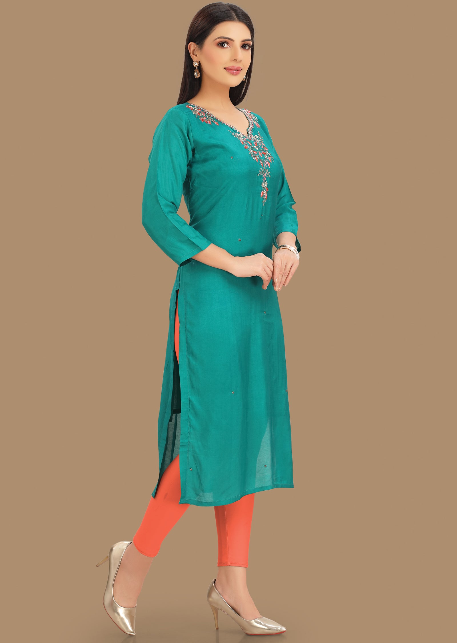 Rama Green Muslin Kurti Staright Cut