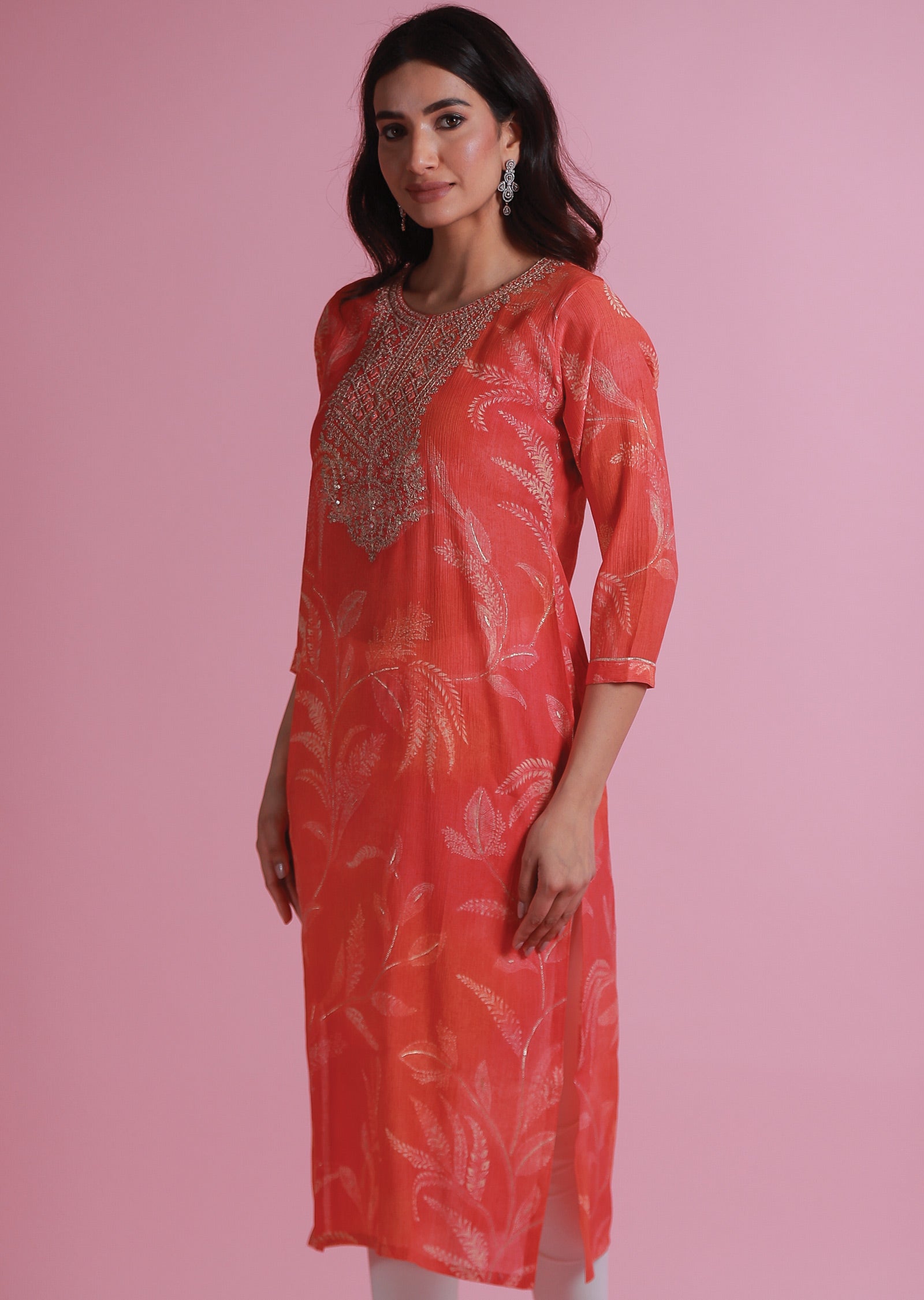 Orange & Pink Crush Georgette Kurti Staright Cut