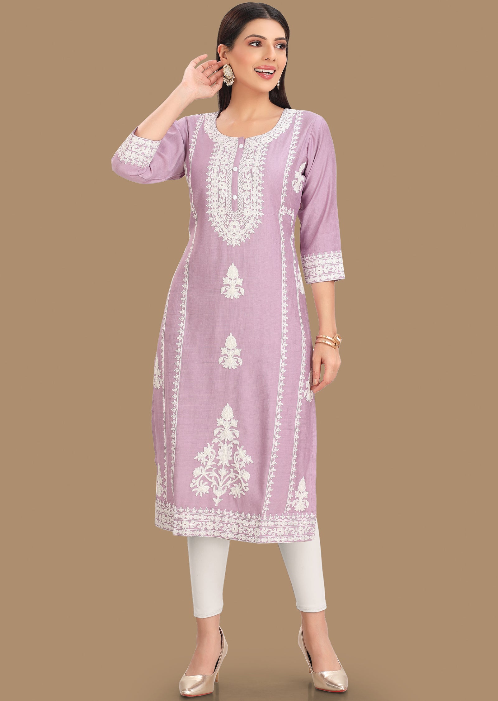 Light Lavender Gold Silk Kurti Staright Cut