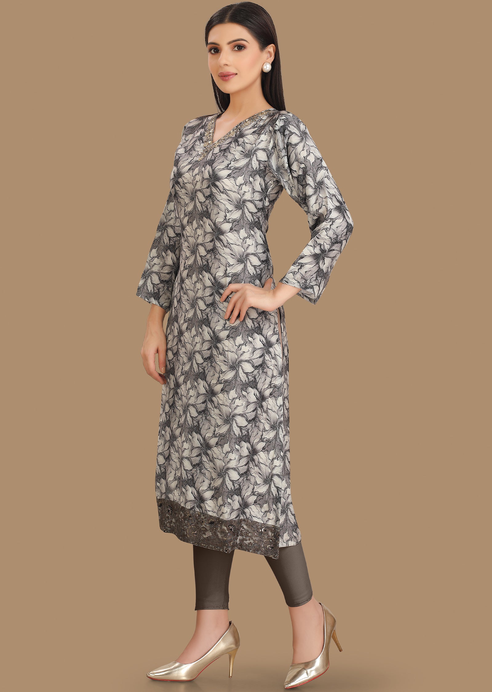 Black & Grey Muslin Kurti Staright Cut