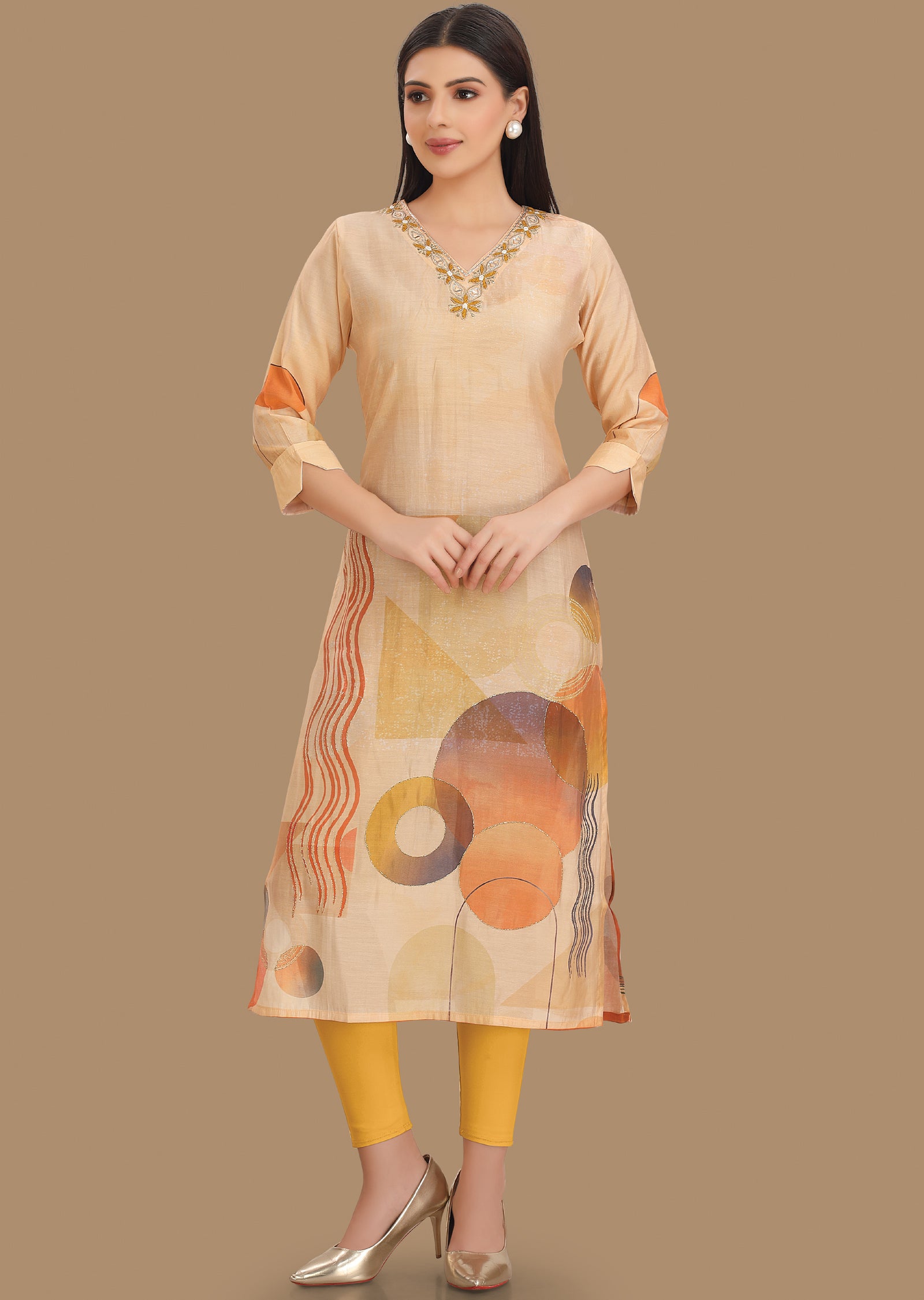 Light Peach Model Kurti Staright Cut