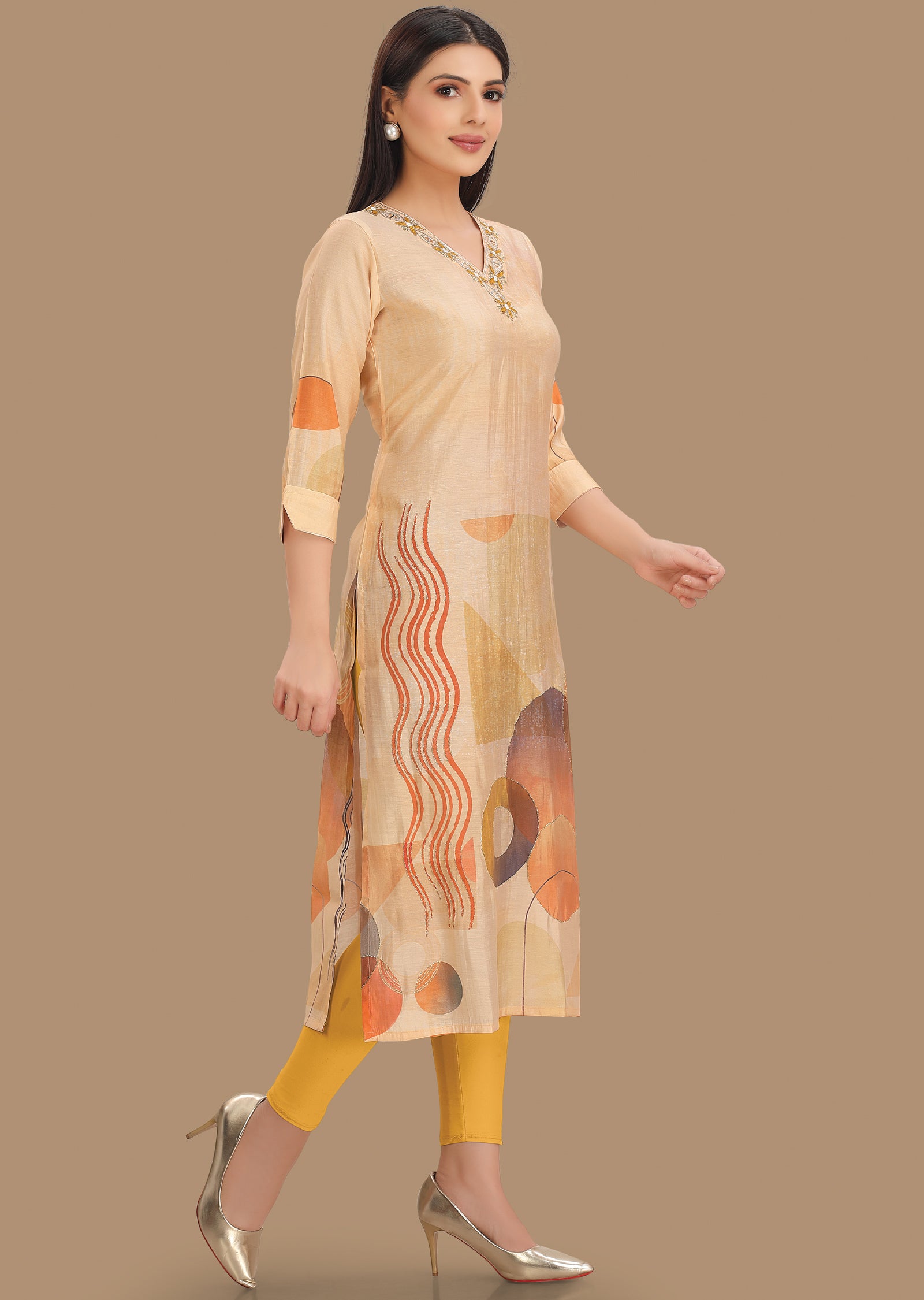 Light Peach Model Kurti Staright Cut