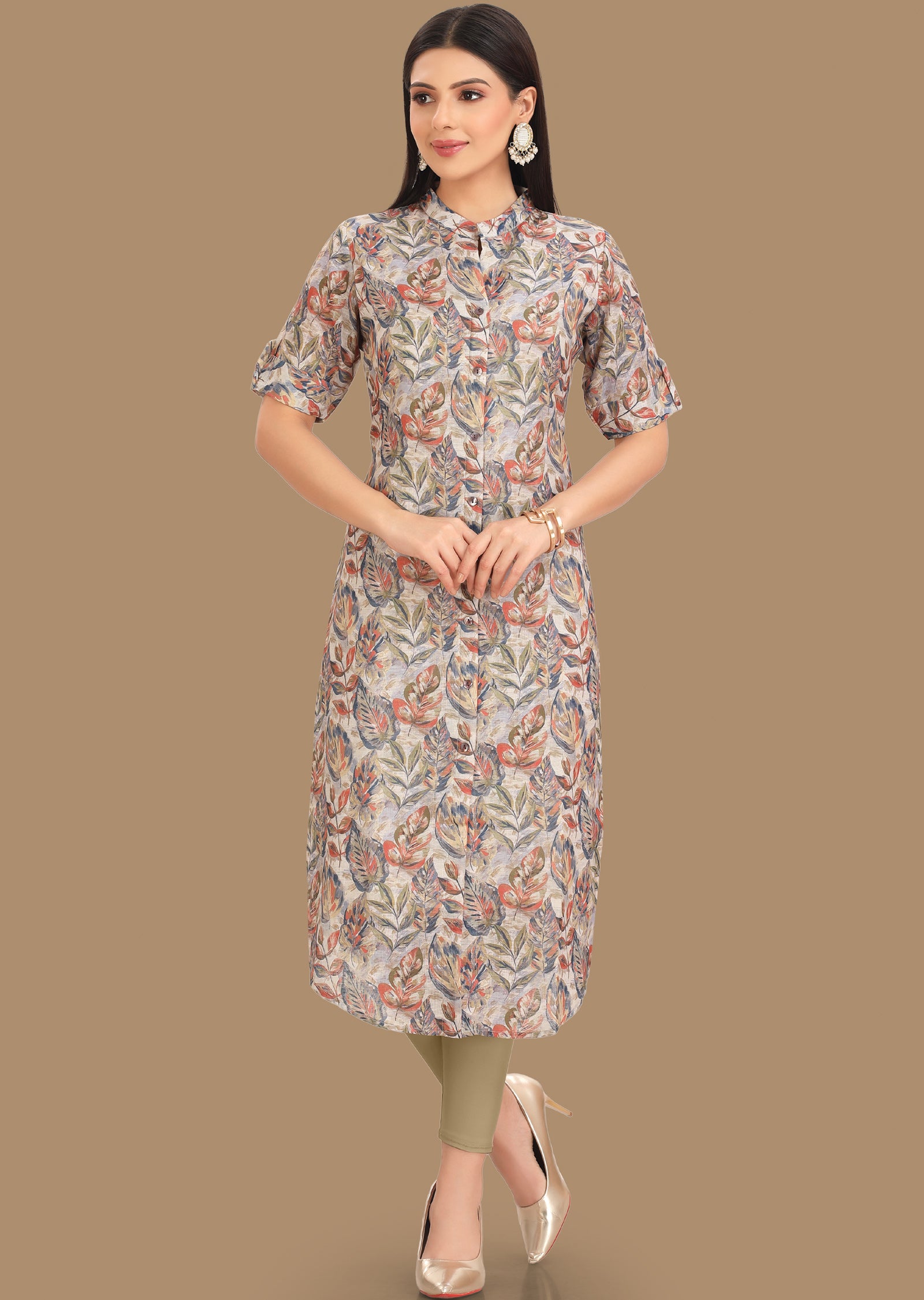 Cream Linen Cotton Kurti Staright Cut