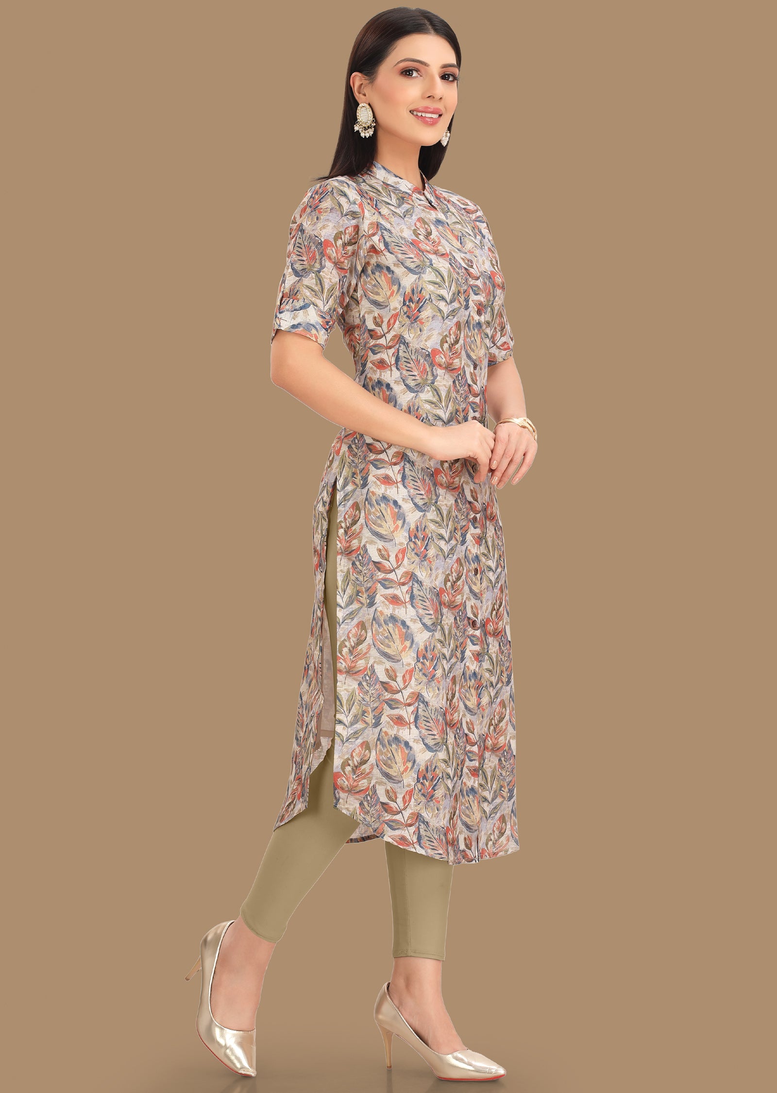 Cream Linen Cotton Kurti Staright Cut