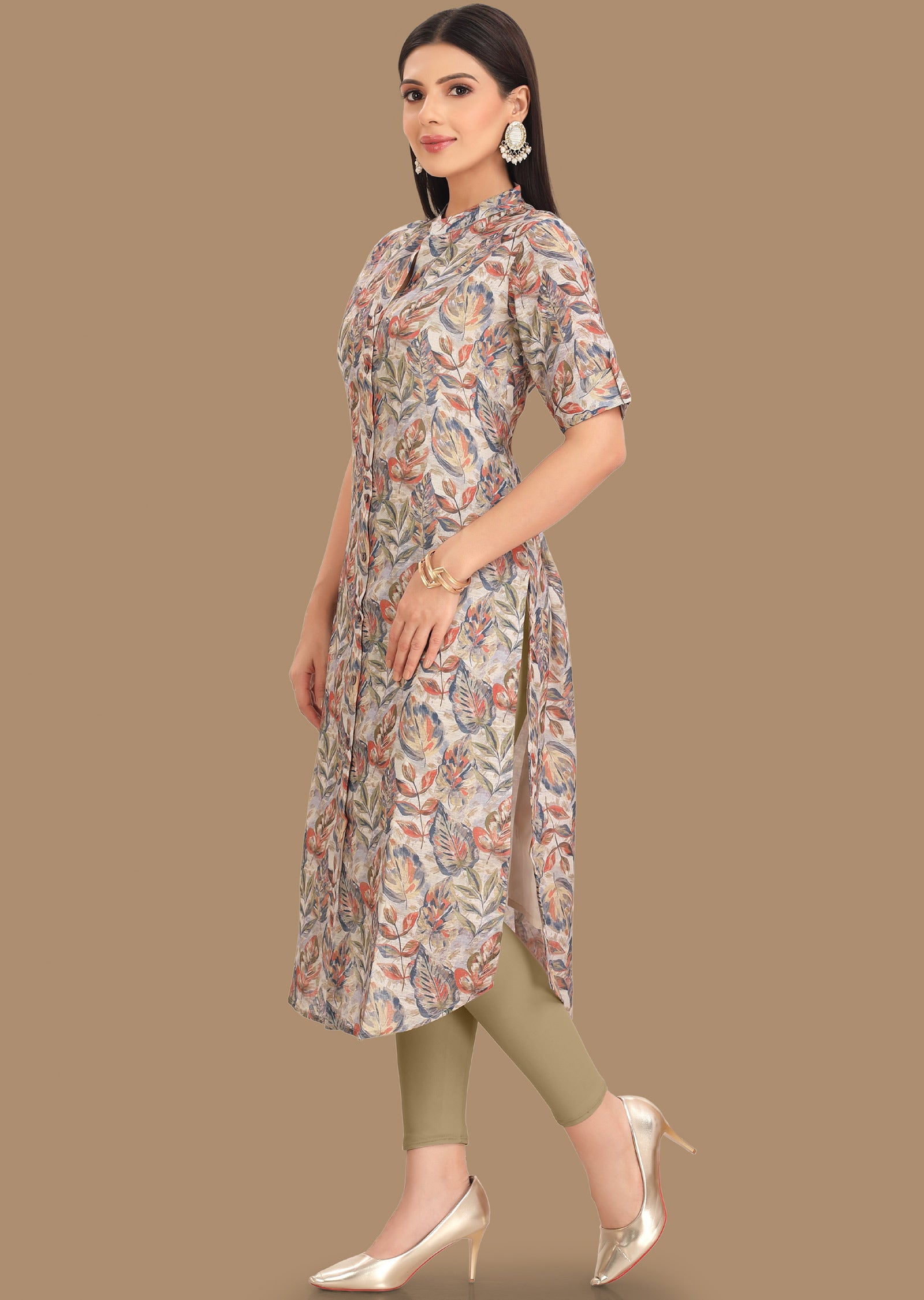 Cream Linen Cotton Kurti Staright Cut