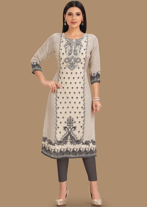 Cream & Black Crepe Kurti Staright Cut