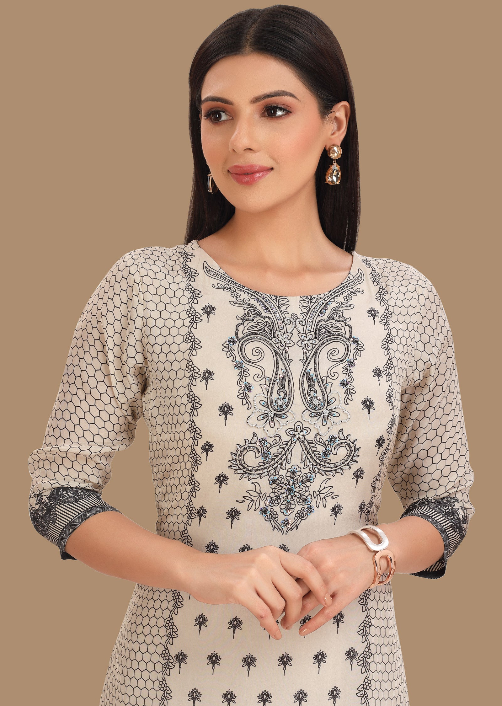 Cream & Black Crepe Kurti Staright Cut