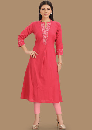 Dark Pink Cotton Kurti Staright Cut