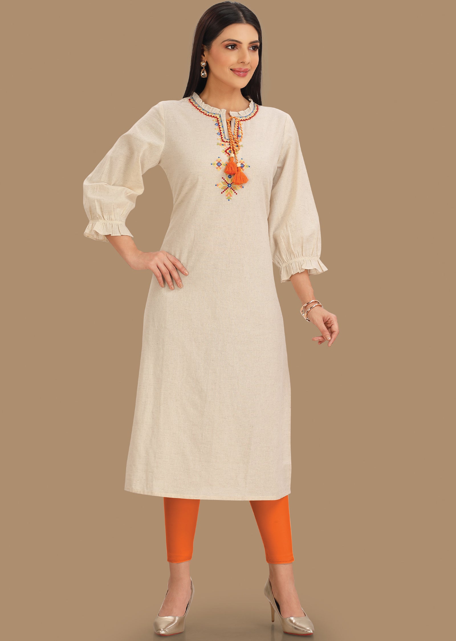 Off White Cotton Kurti Staright Cut