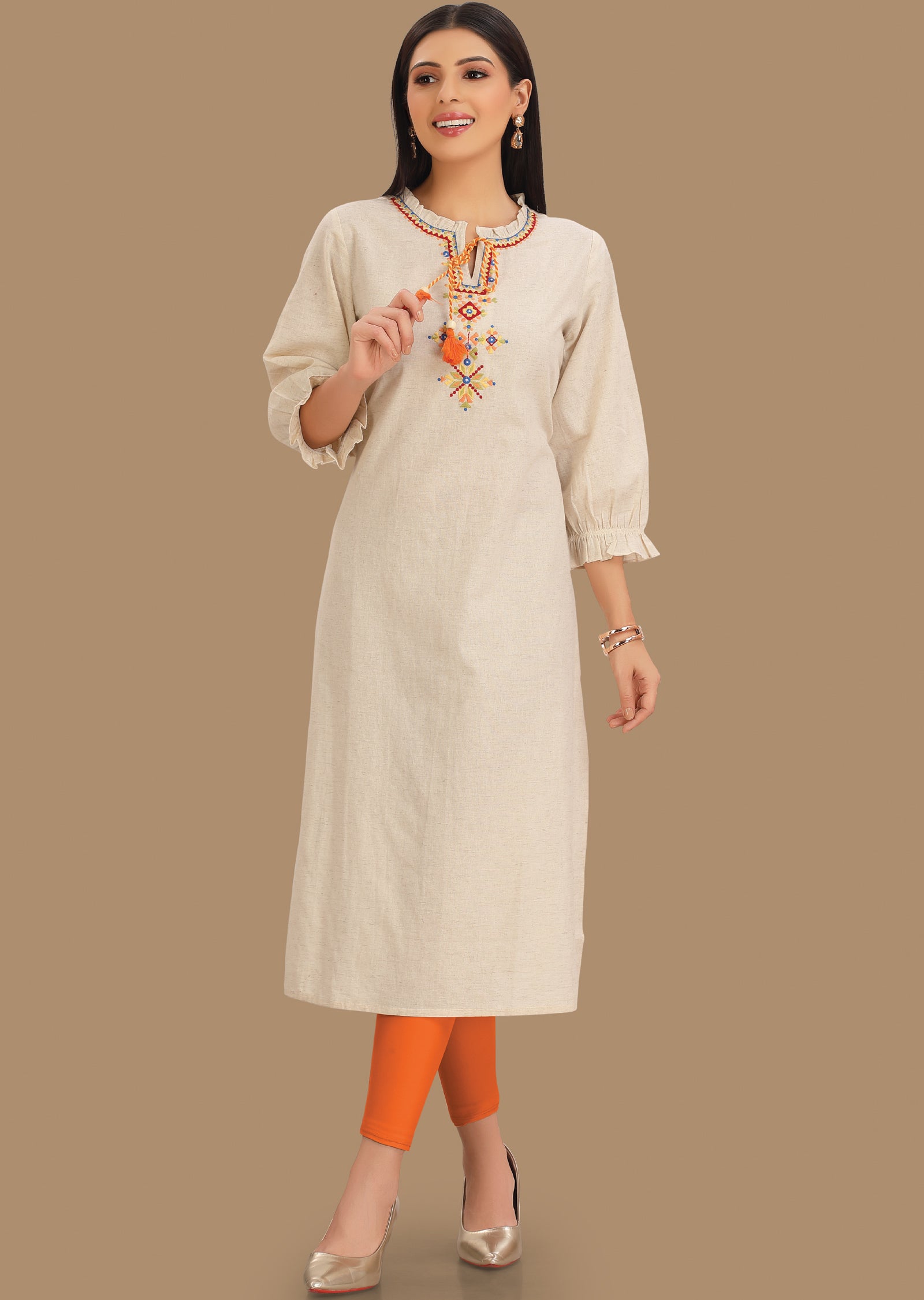 Off White Cotton Kurti Staright Cut