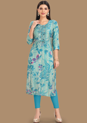 Light Blue Muslin Kurti Staright Cut