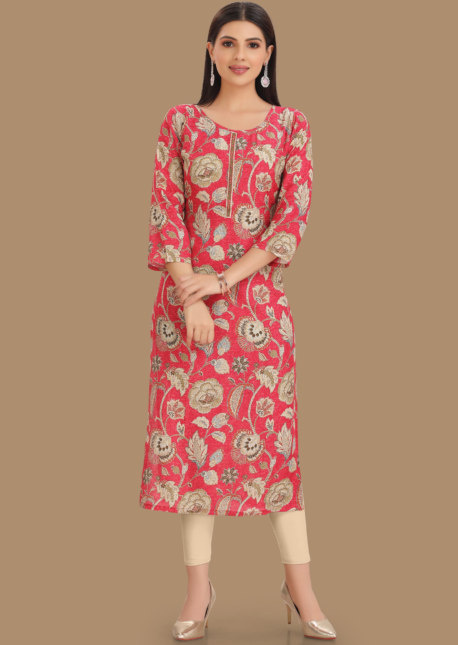 Pink Linen Silk Kurti Straight Cut