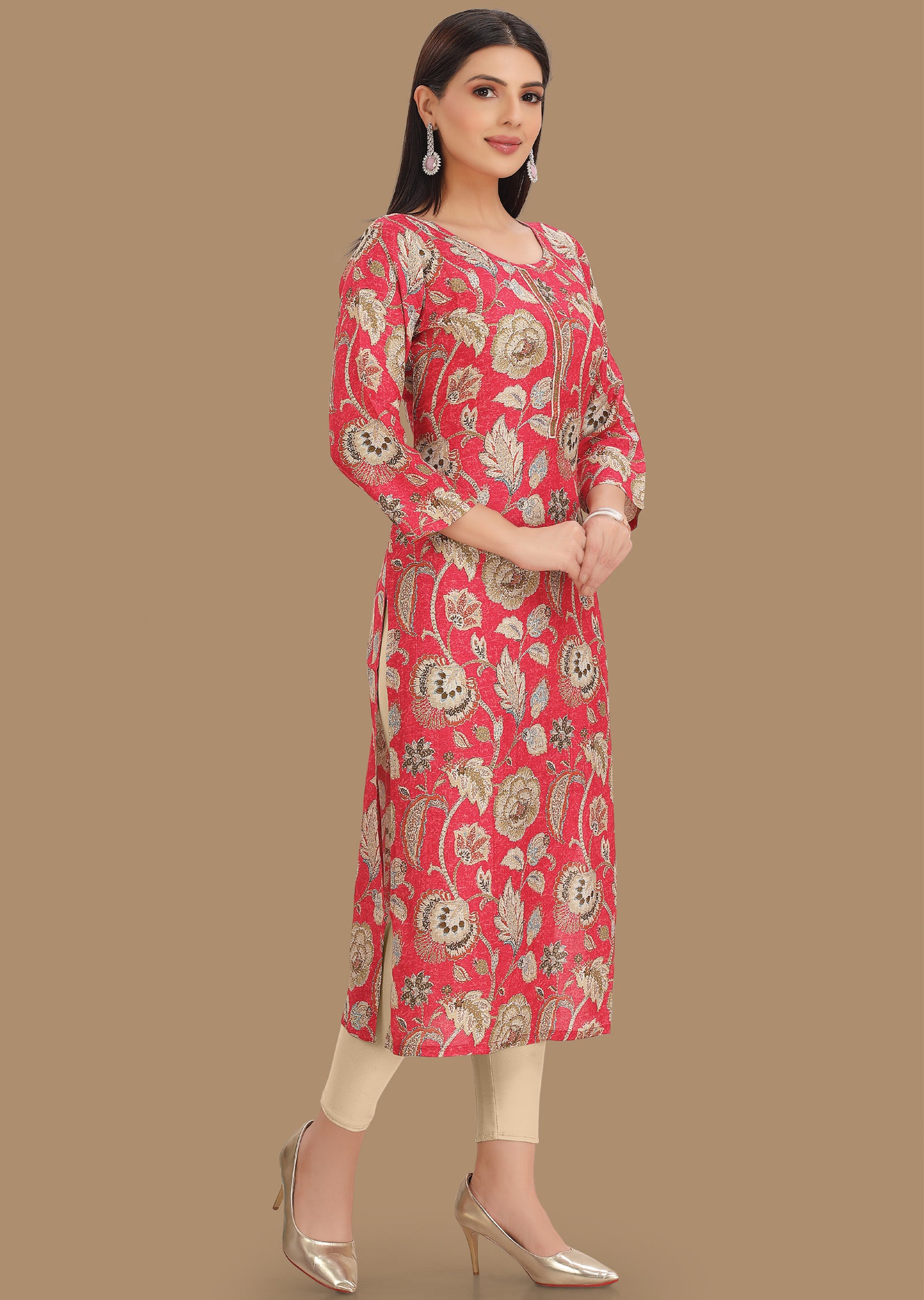 Pink Linen Silk Kurti Straight Cut