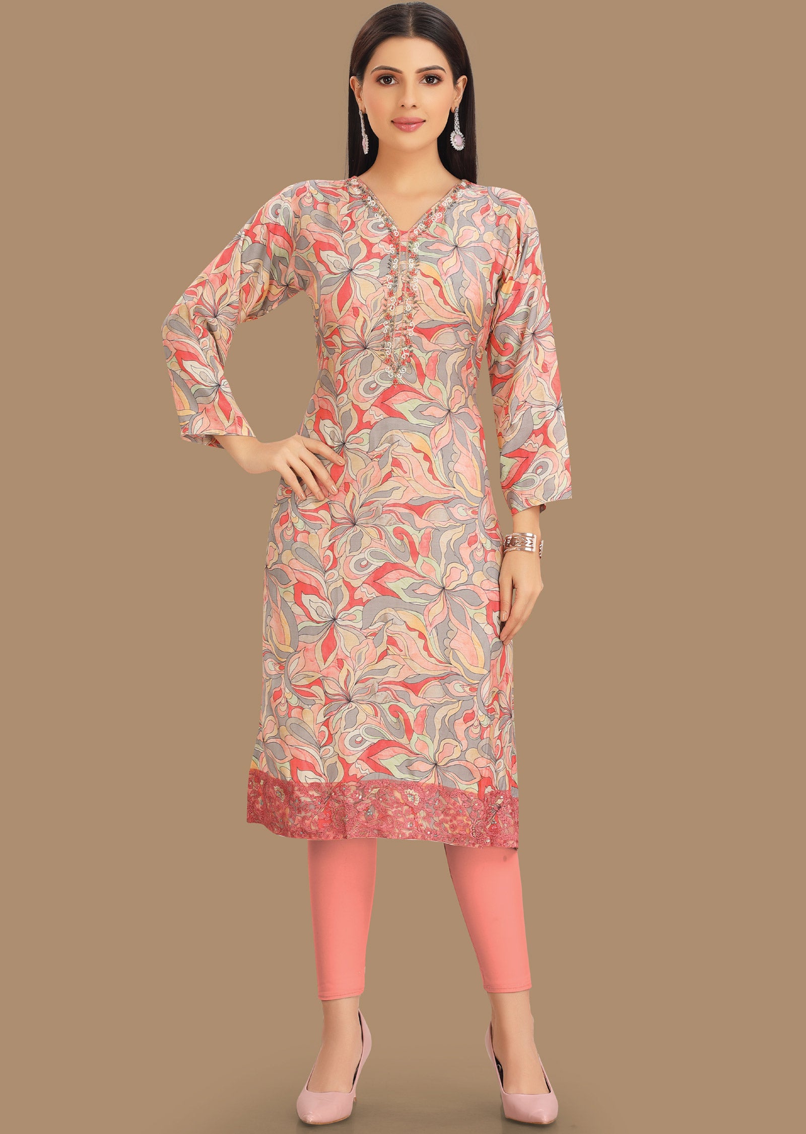 Light Pink & Grey Muslin Kurti Straight Cut