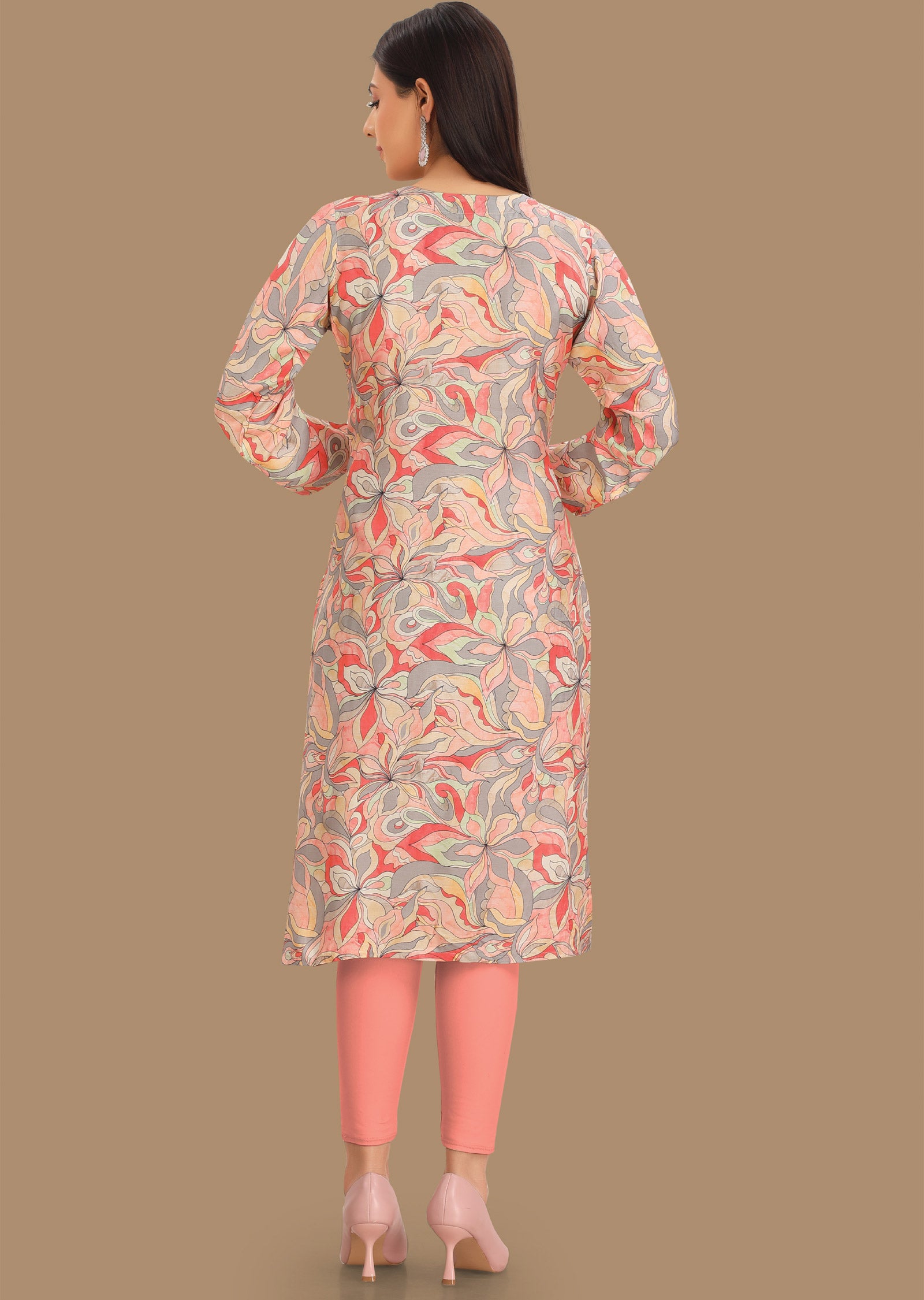 Light Pink & Grey Muslin Kurti Straight Cut