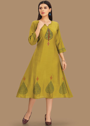 Lime Green Soft Silk Kurti Straight Cut