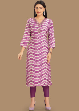 Off White & Purple Muslin Kurti Straight Cut