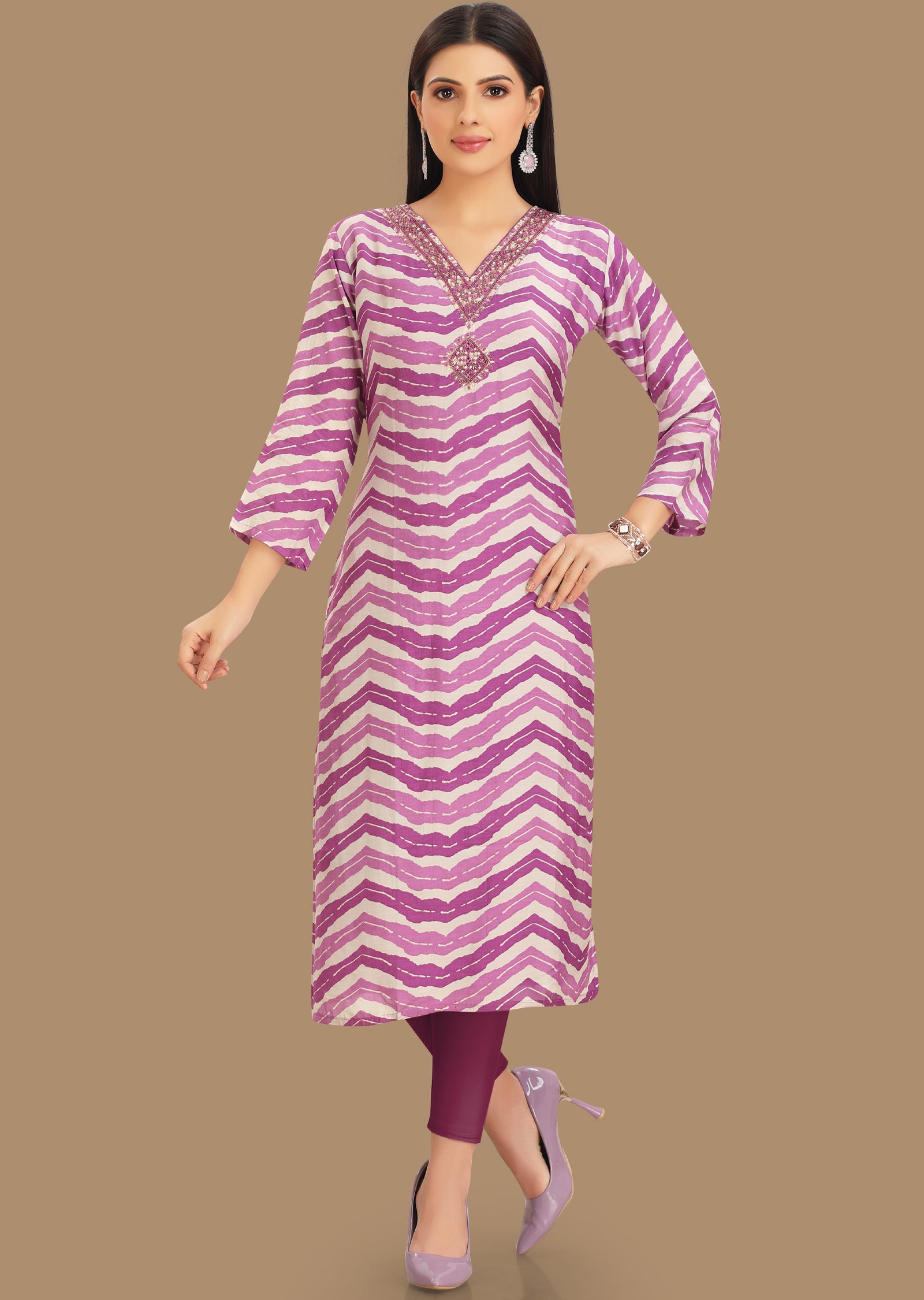 Off White & Purple Muslin Kurti Straight Cut