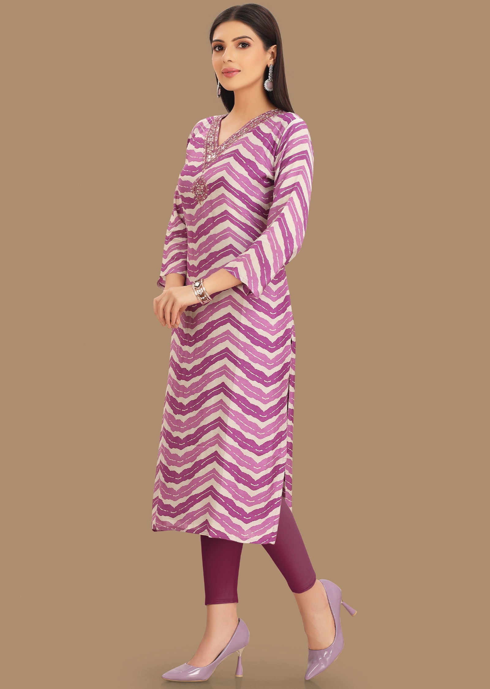 Off White & Purple Muslin Kurti Straight Cut