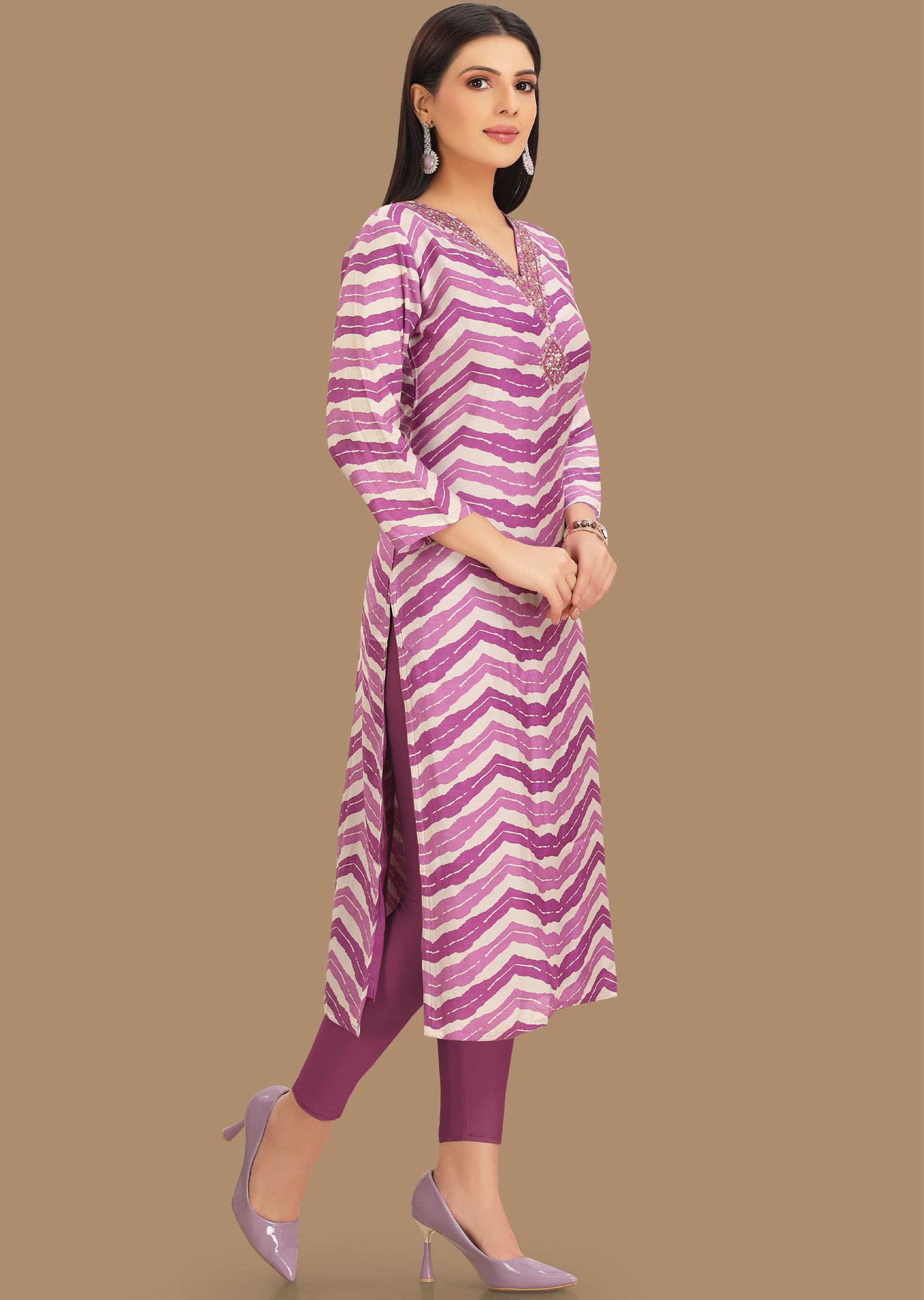 Off White & Purple Muslin Kurti Straight Cut