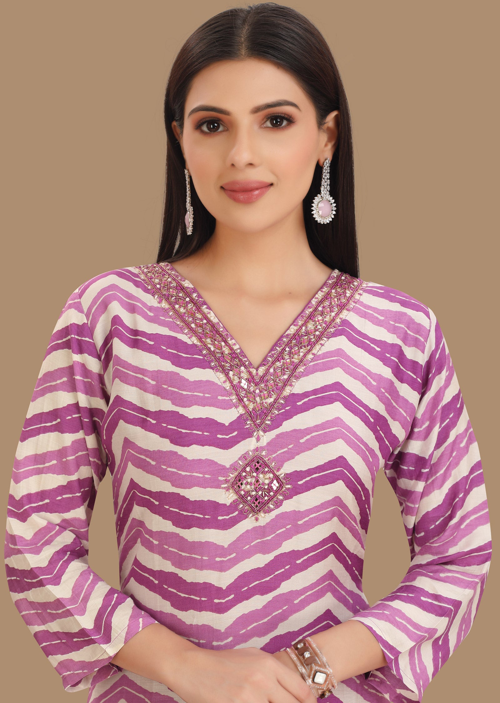 Off White & Purple Muslin Kurti Straight Cut