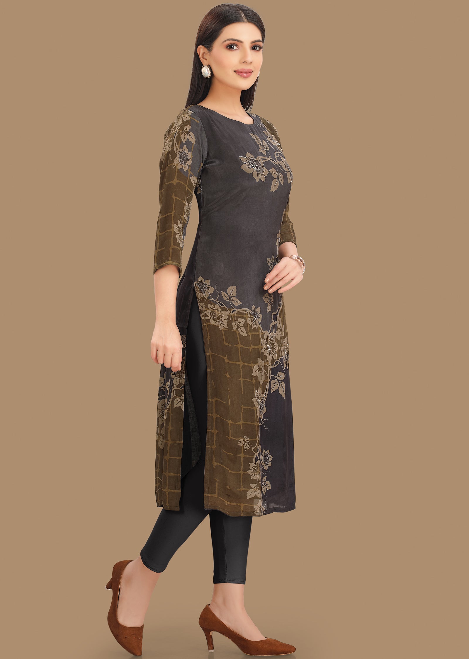 Grey & Olive Crepe Kurti Straight Cut