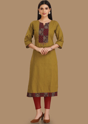 Mehndi Green Cotton Kurti Straight Cut 