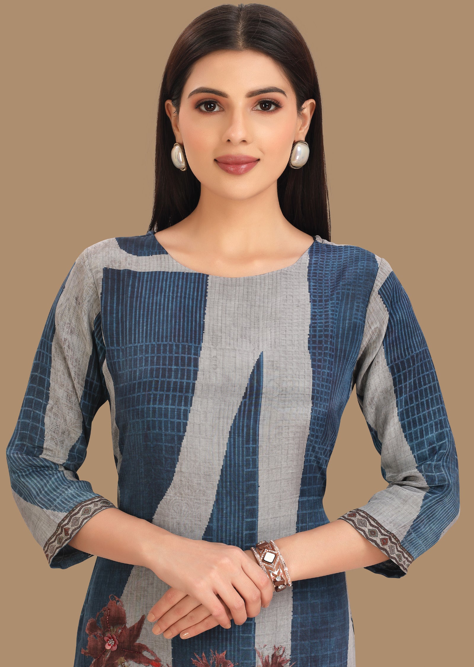 Blue & Grey Crepe Kurti Staright Cut