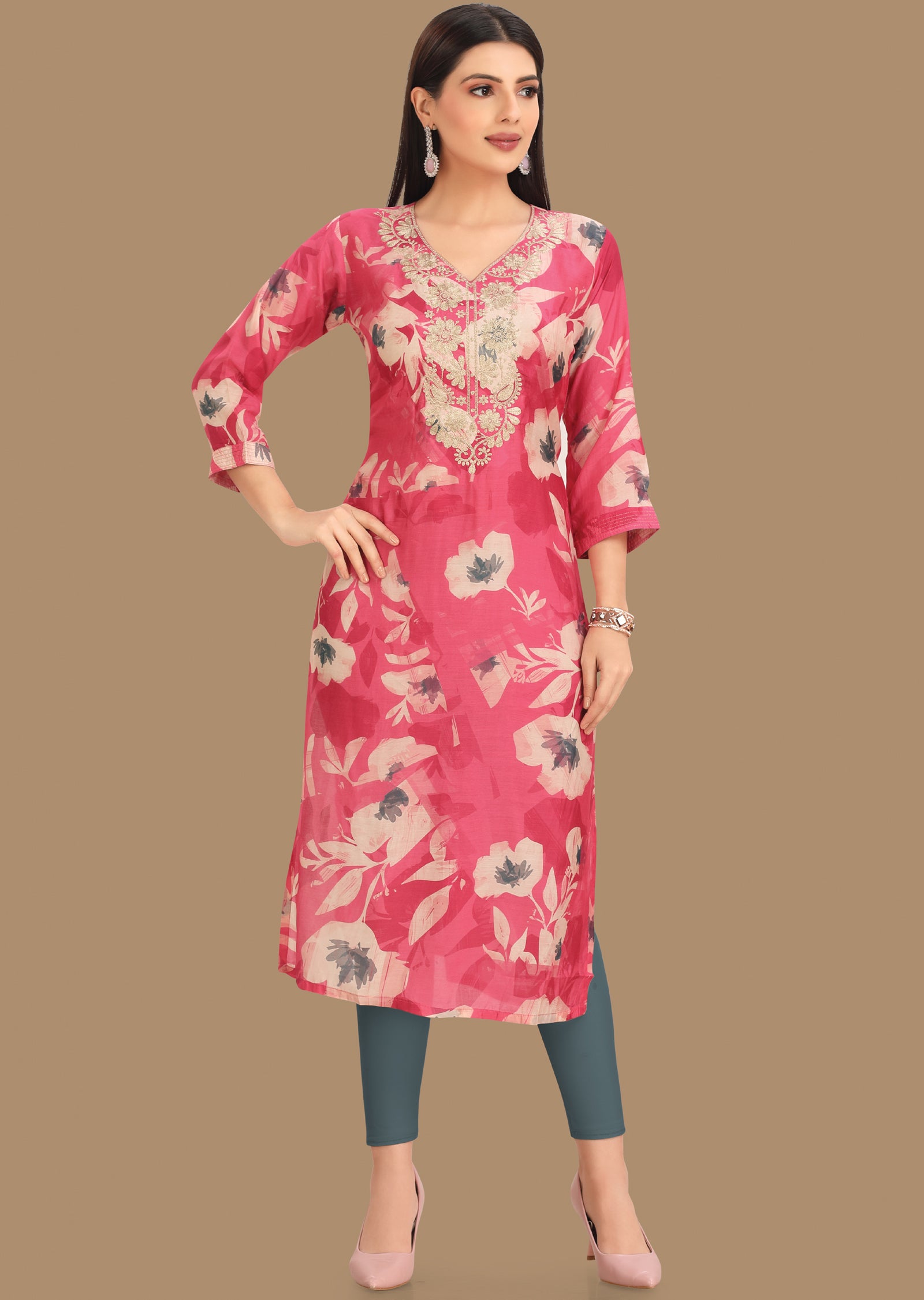 Pink Muslin Kurti Staright Cut