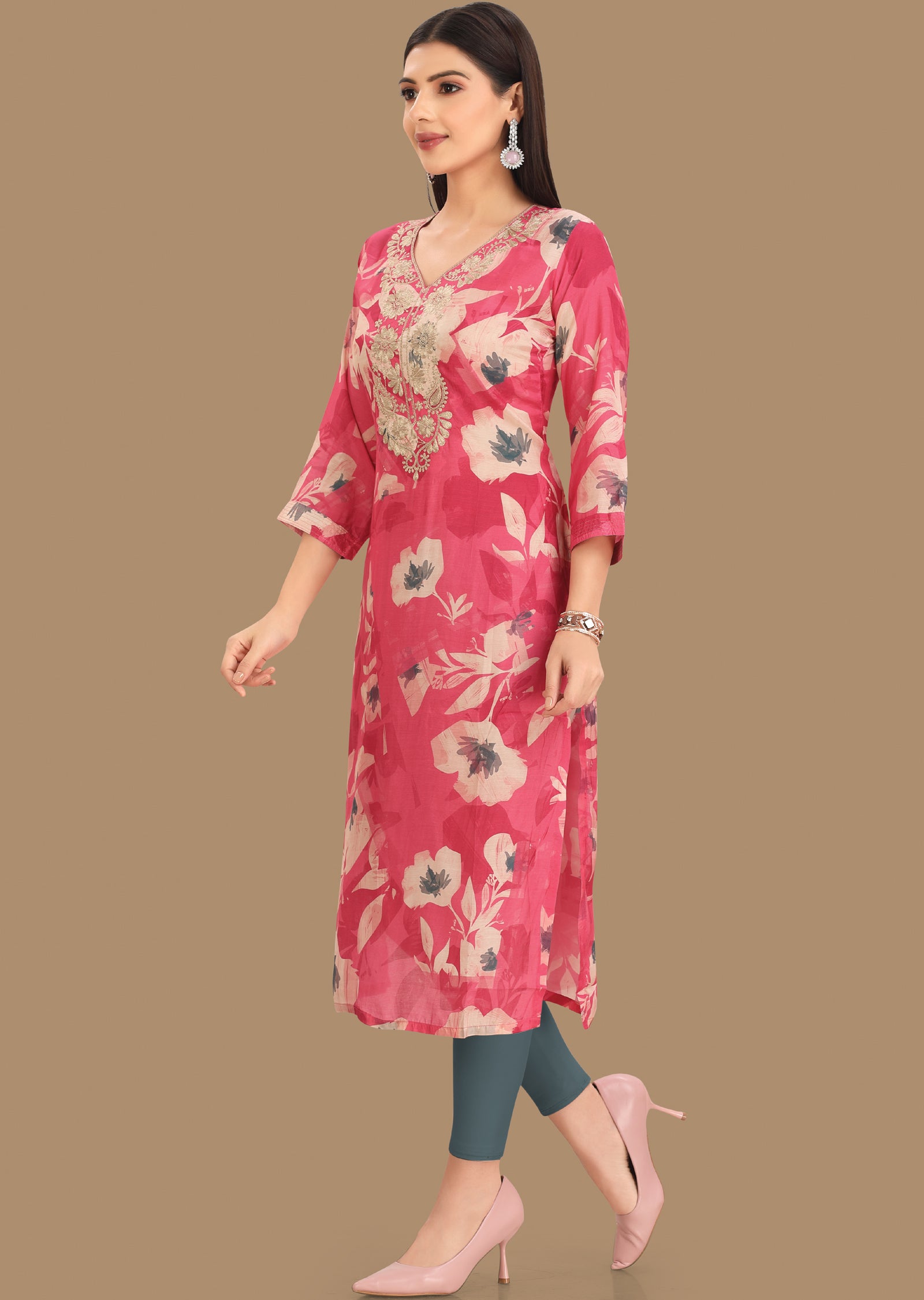 Pink Muslin Kurti Staright Cut