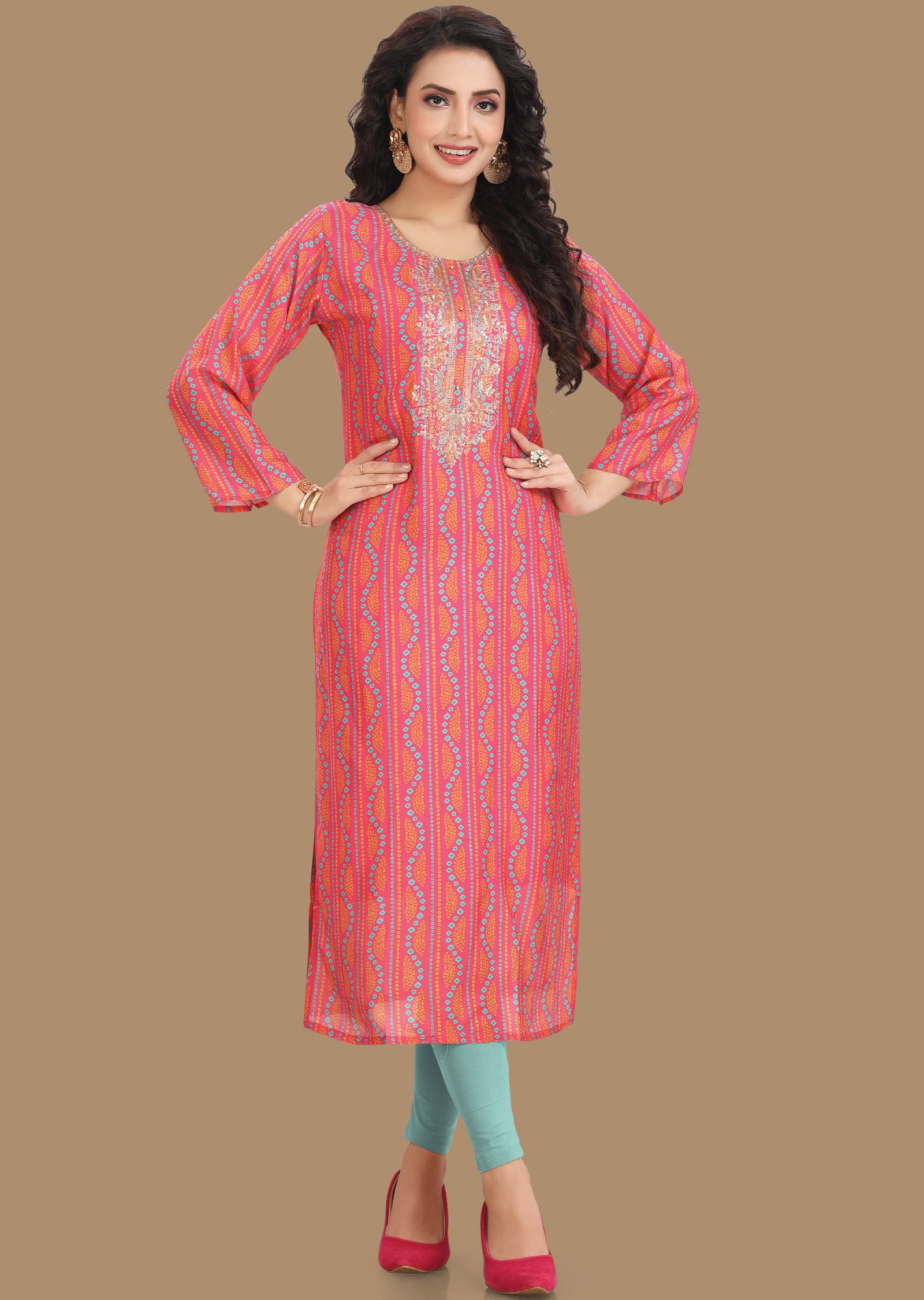 Pink Bandhini Muslin Kurti Straight Cut