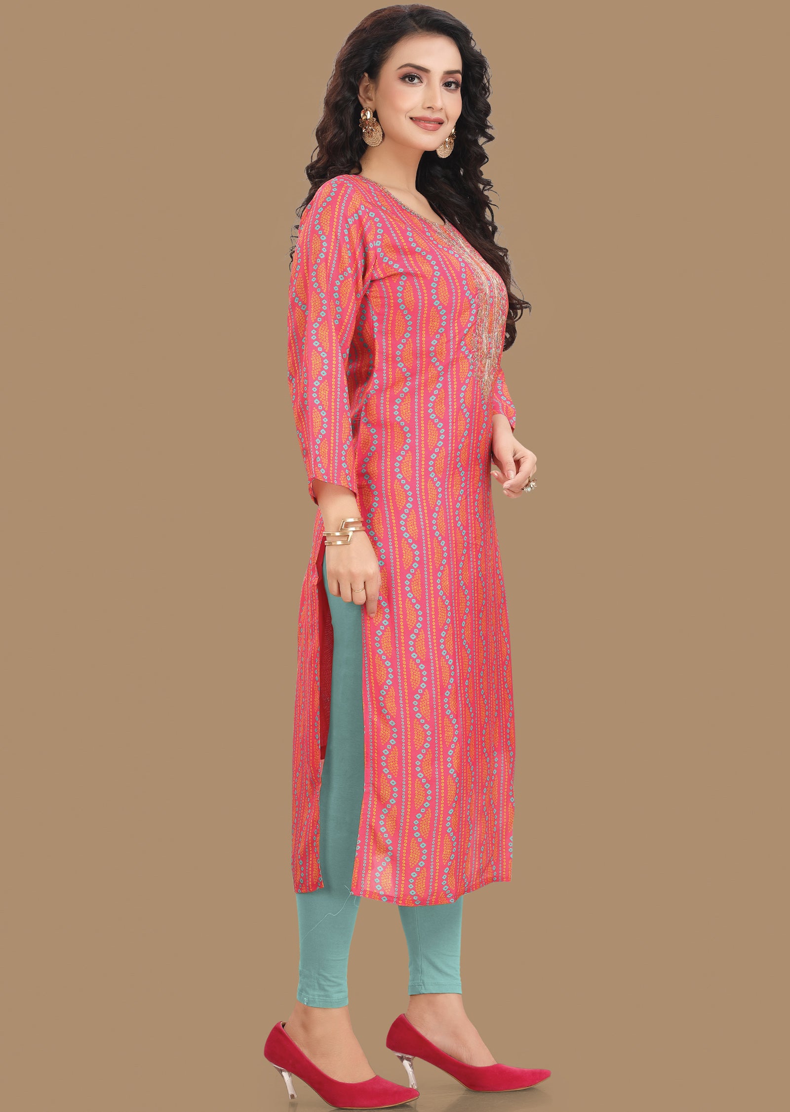 Pink Bandhini Muslin Kurti Straight Cut