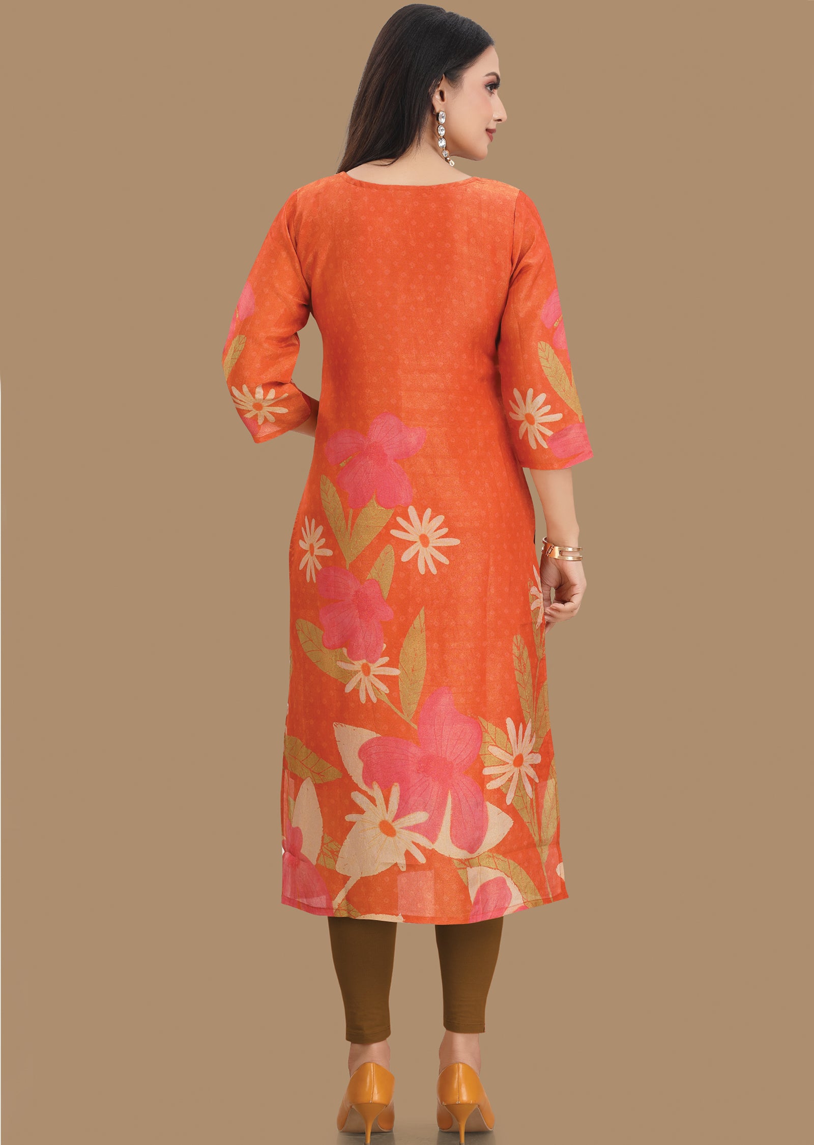 Orange Tissue Silk Kurti Straight Cut