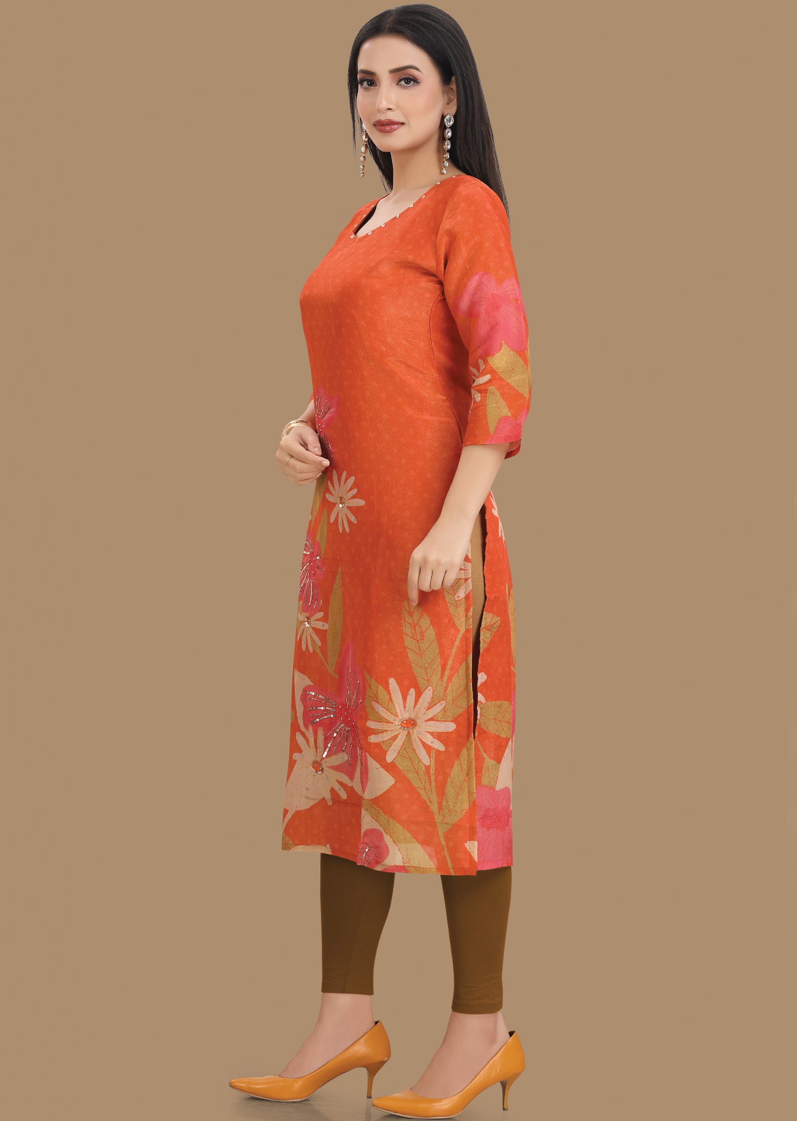 Orange Tissue Silk Kurti Straight Cut