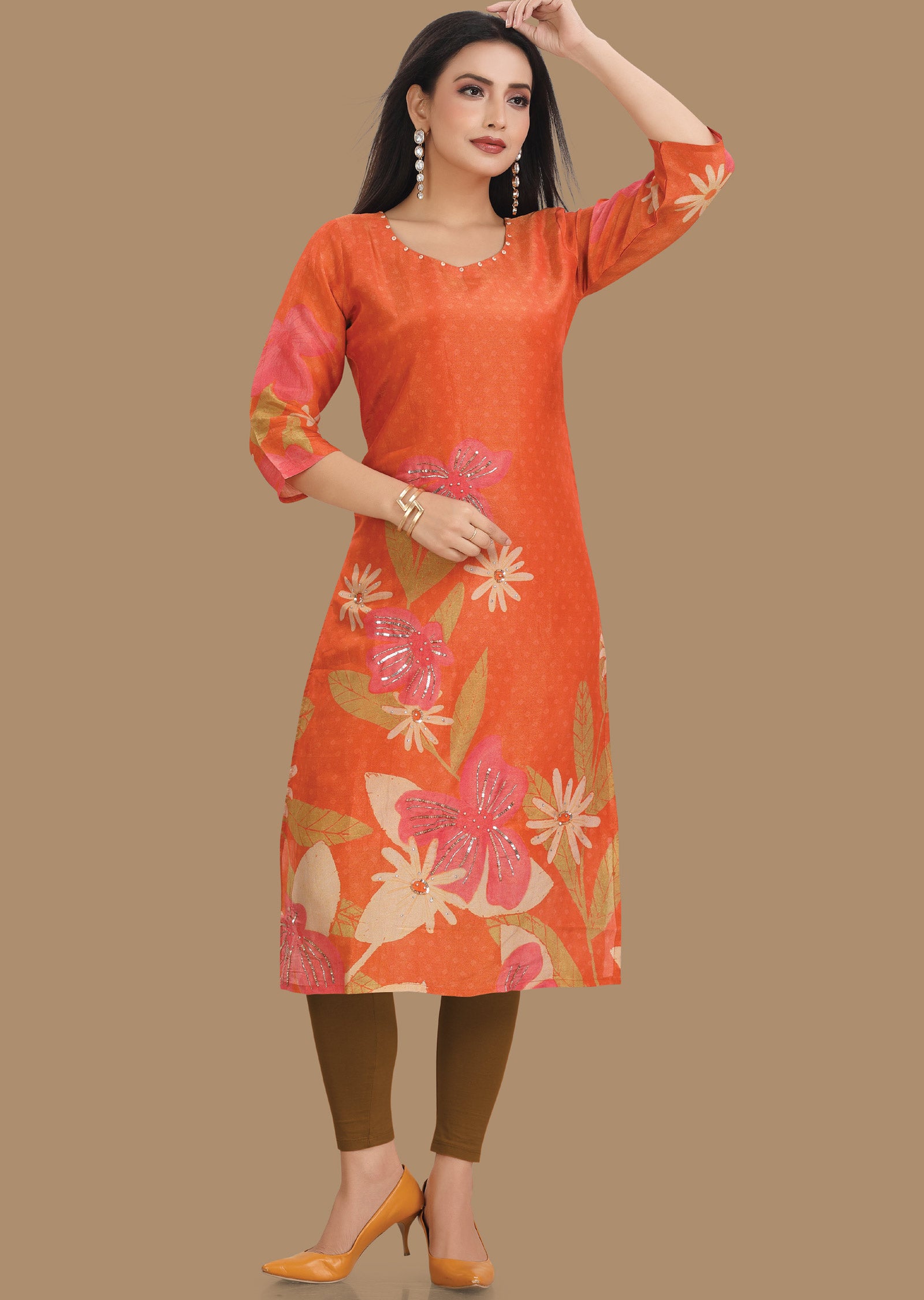 Orange Tissue Silk Kurti Straight Cut