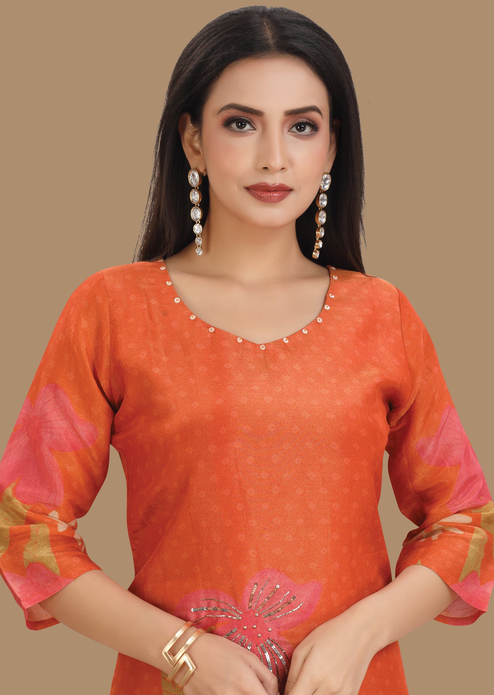 Orange Tissue Silk Kurti Straight Cut